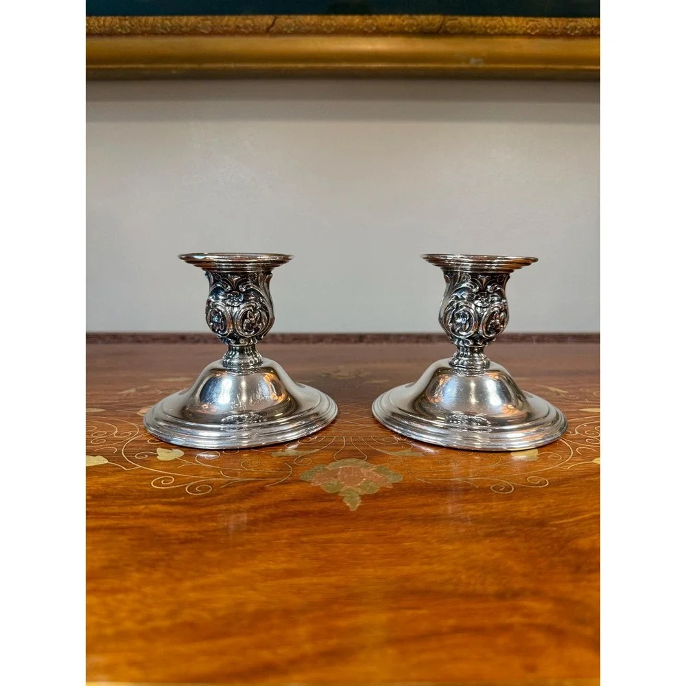 Vintage Wm Rogers Silverplate Candlestick Holders Pair • Victorian Rose Pattern